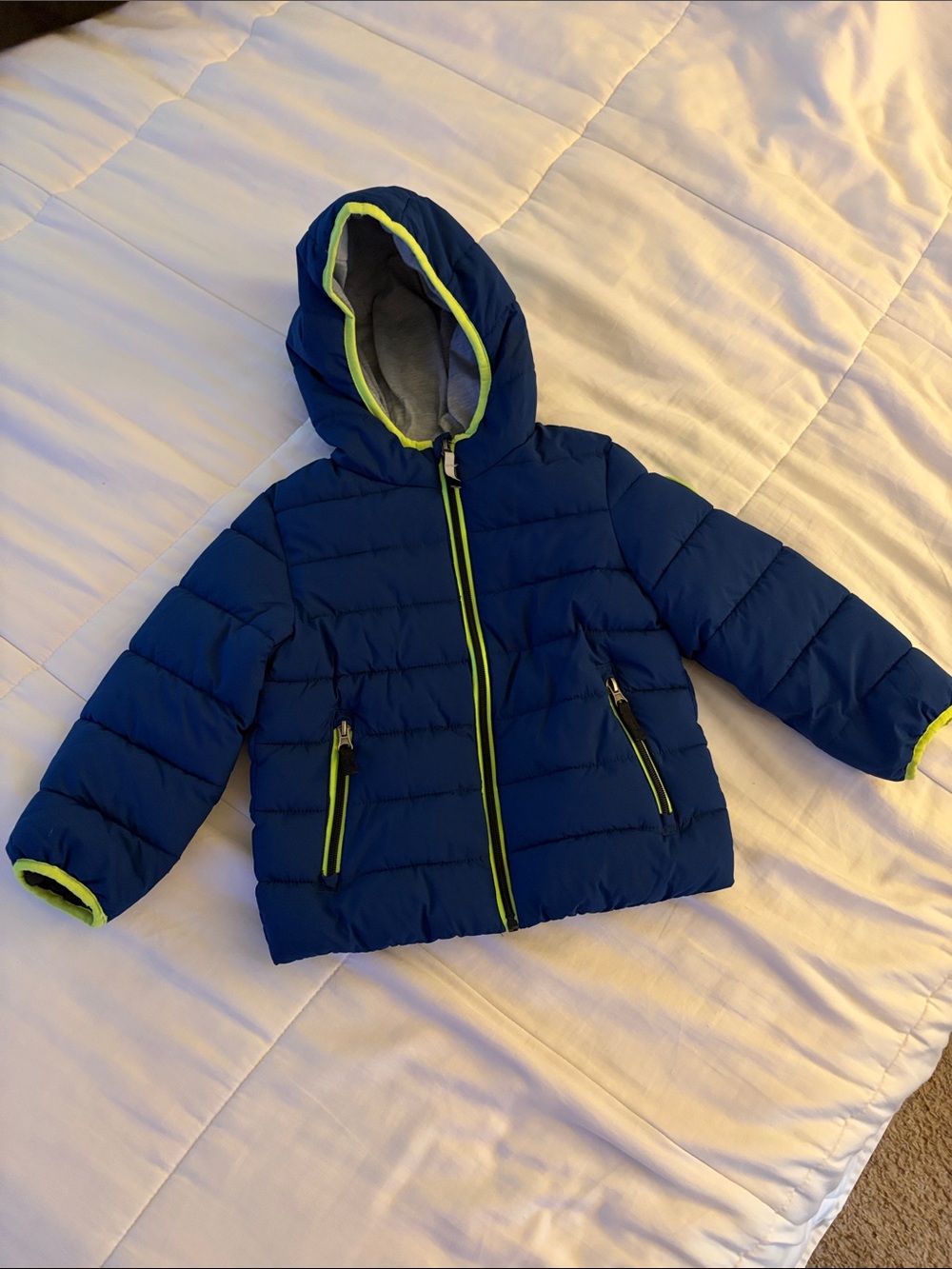 Gerry Boys Puffer Jacket 4T Blue Hooded Coat Neon Trim